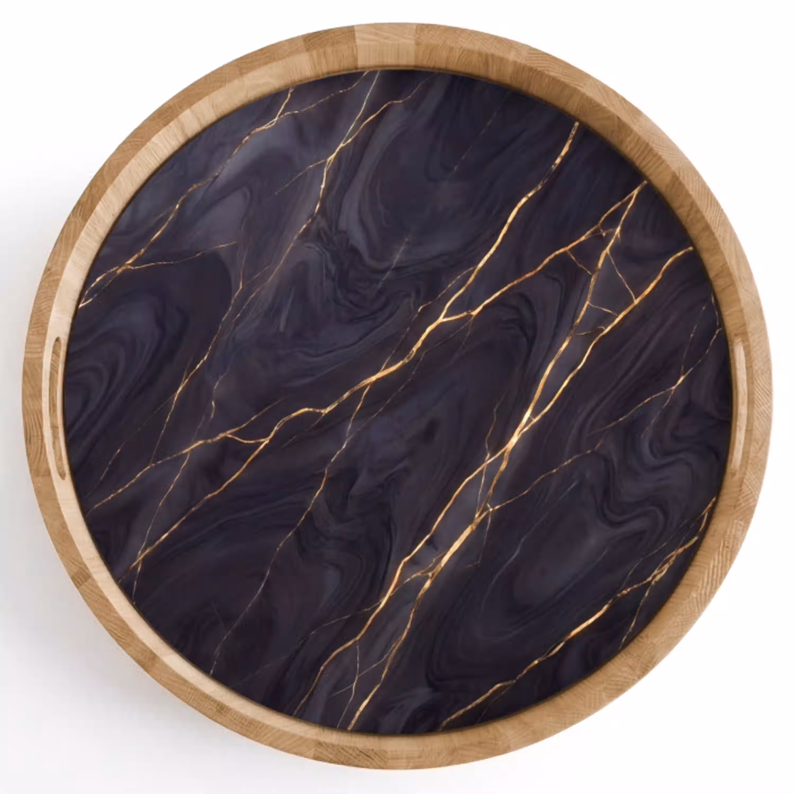Marmer - Goudaders - Abstract - Modern - Zwart Dienblad Rond middel -z3d_shopping