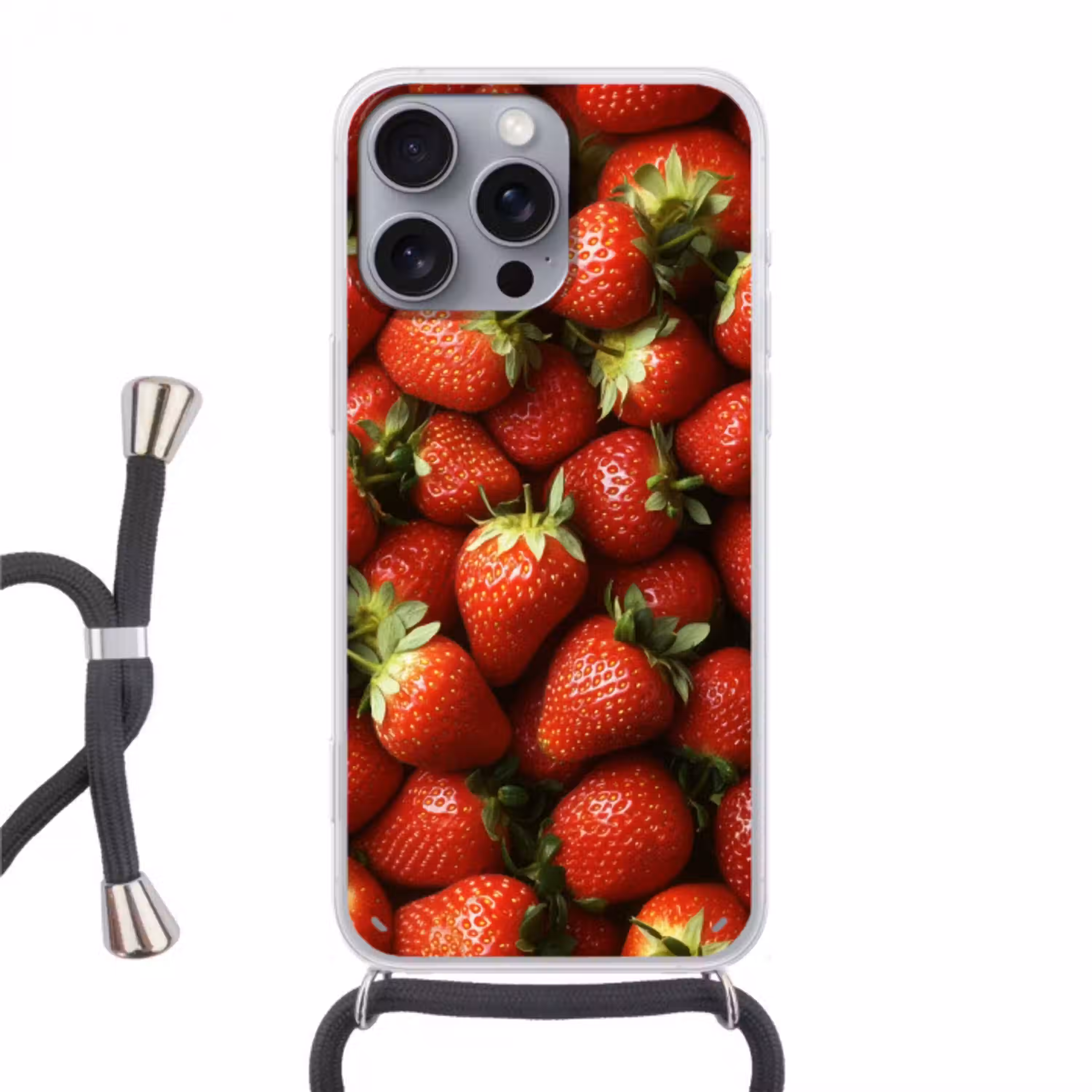 Aardbei - Fruit - Rood Hoesje iPhone 16 Pro Max met koord klein -3d