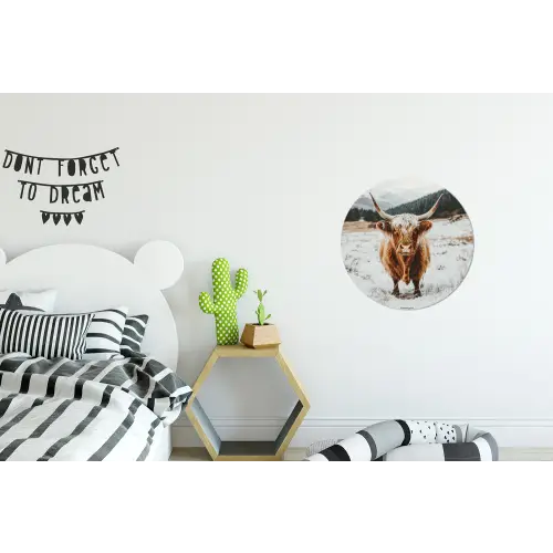 Schotse Hooglander - Sneeuw - Winter - Dieren Wandcirkel aluminium klein -kinderkamer