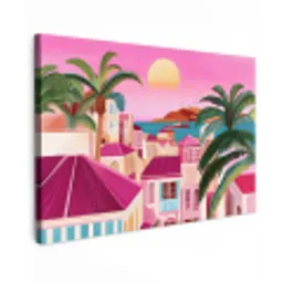 Stad - Roze - Palmbomen Tuinposter op houten frame 2 cm dik klein -3d