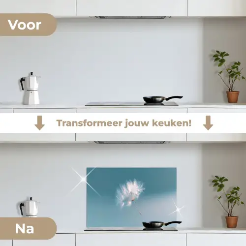 Paardenbloempluisje - Blauw - Lucht keuken achterwand spatscherm klein -voor_na_NL
