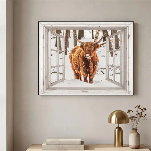 Schotse Hooglander - Sneeuw - Winter - Natuur - Dier - Doorkijk - Landelijk Textielframe zwart klein -sfeer2
