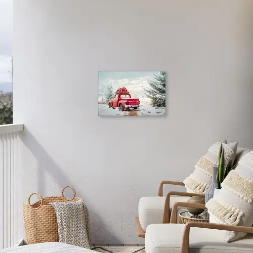 Auto - Rood - Cadeaus - Winter - Sneeuw - Kerst Tuinposter op houten frame 2 cm dik klein -sfeer1