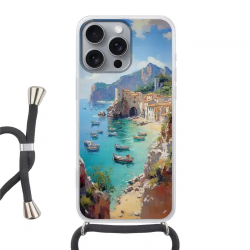 Kustdorp - Schilderij - Rotsen - Boten Hoesje iPhone 16 Pro Max met koord klein -3d
