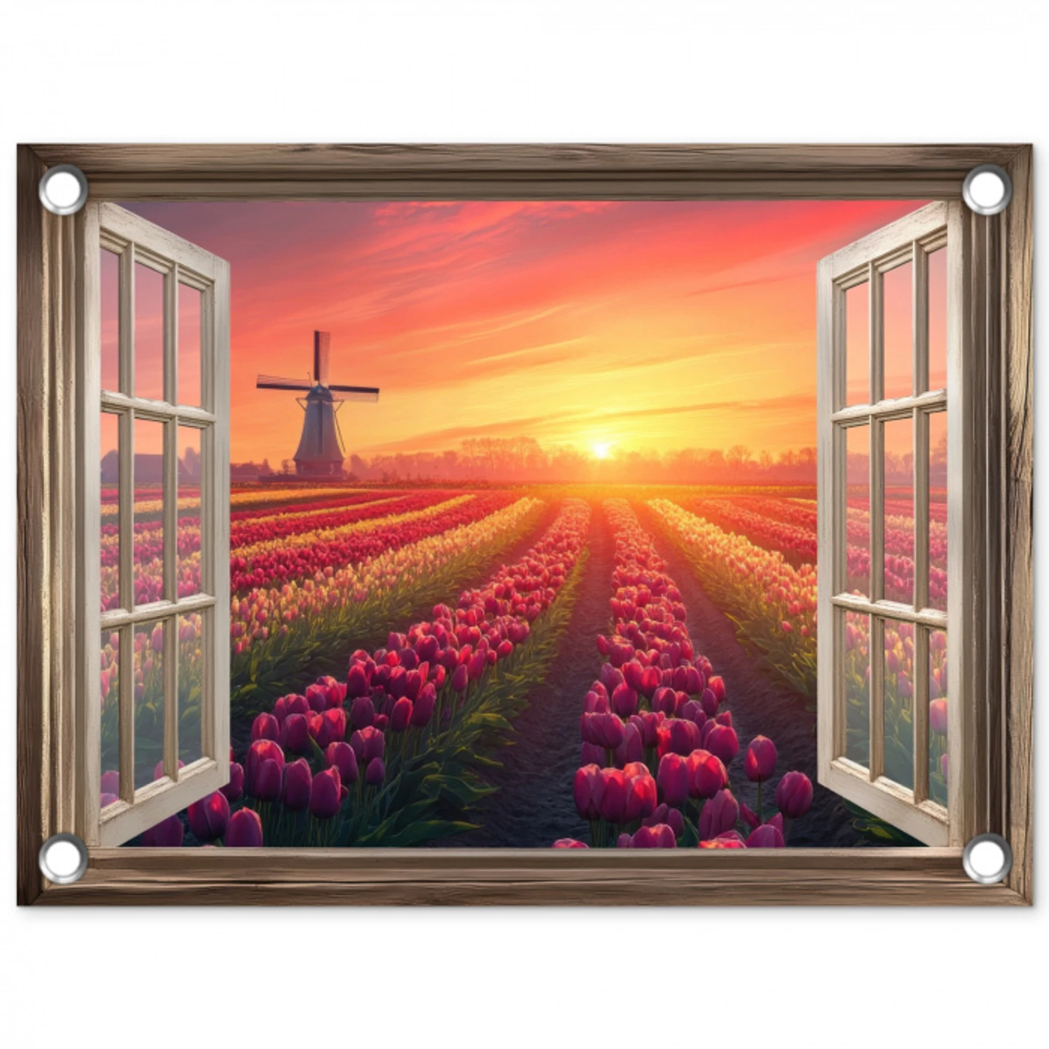 Doorkijk - Tulpen - Zonsondergang - Bloemen - Kleurrijk tuinposter los doek klein -3d
