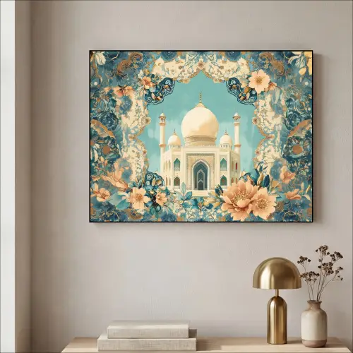 Taj Mahal - Ramadan - Bloemen - Islamitische Textielframe zwart klein -sfeer2