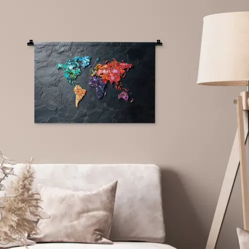 Wereldkaart - Edelstenen - Regenboog - Ruw Wandkleed katoen klein -sfeer4