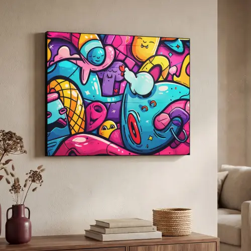 Abstract - Neon - Design - Kleurrijk - Graffiti Textielframe zwart klein -sfeer3