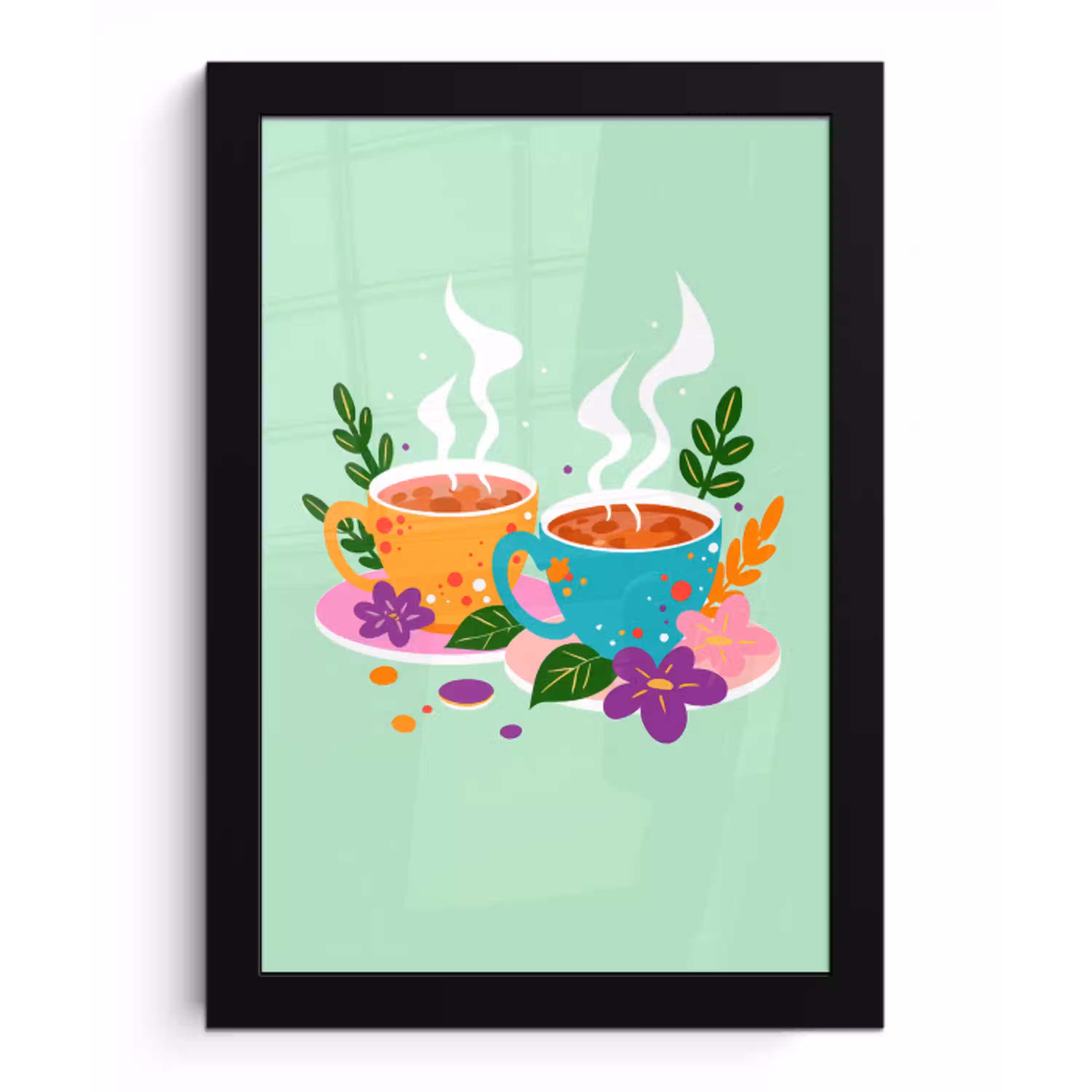 Thee - Illustratie - Kopjes - Bloemen fotolijst zwart zonder passe partout klein -3d