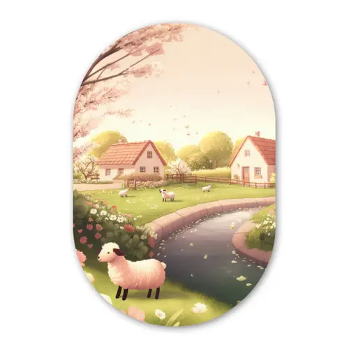 Schapen - Huisje - Platteland Wandcirkel Ovaal Forex klein -3d