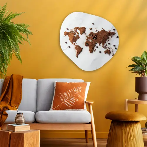 Wereldkaart - Koffie - Marmer Wandcirkel Organisch Plexiglas middel -sfeer4