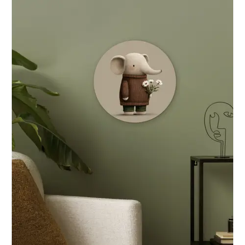 Olifant - Witte bloemen - Kindvriendelijk Wandcirkel kunststof plaat 5mm dik klein -sfeer3