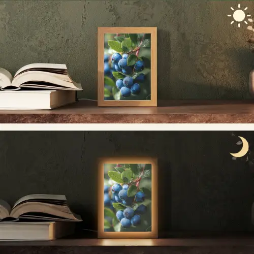 Blauwe bessen - Dauwdruppels - Natuurlijk licht Light Box met kabel (Tafellamp) klein -sfeer3