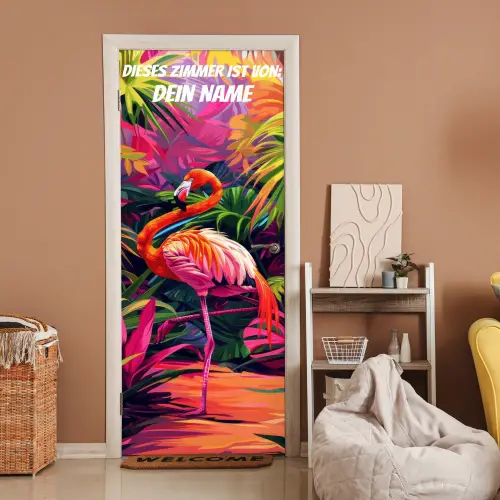 Bunter Flamingo im tropischen Dschungel mit personalisierbarem Namensfeld. deurposter klein -sfeer1
