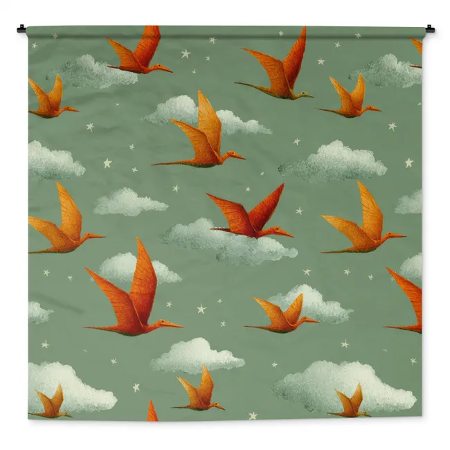 Wandkleed - Dinosaurussen - Wolken - Sterren - Oranje