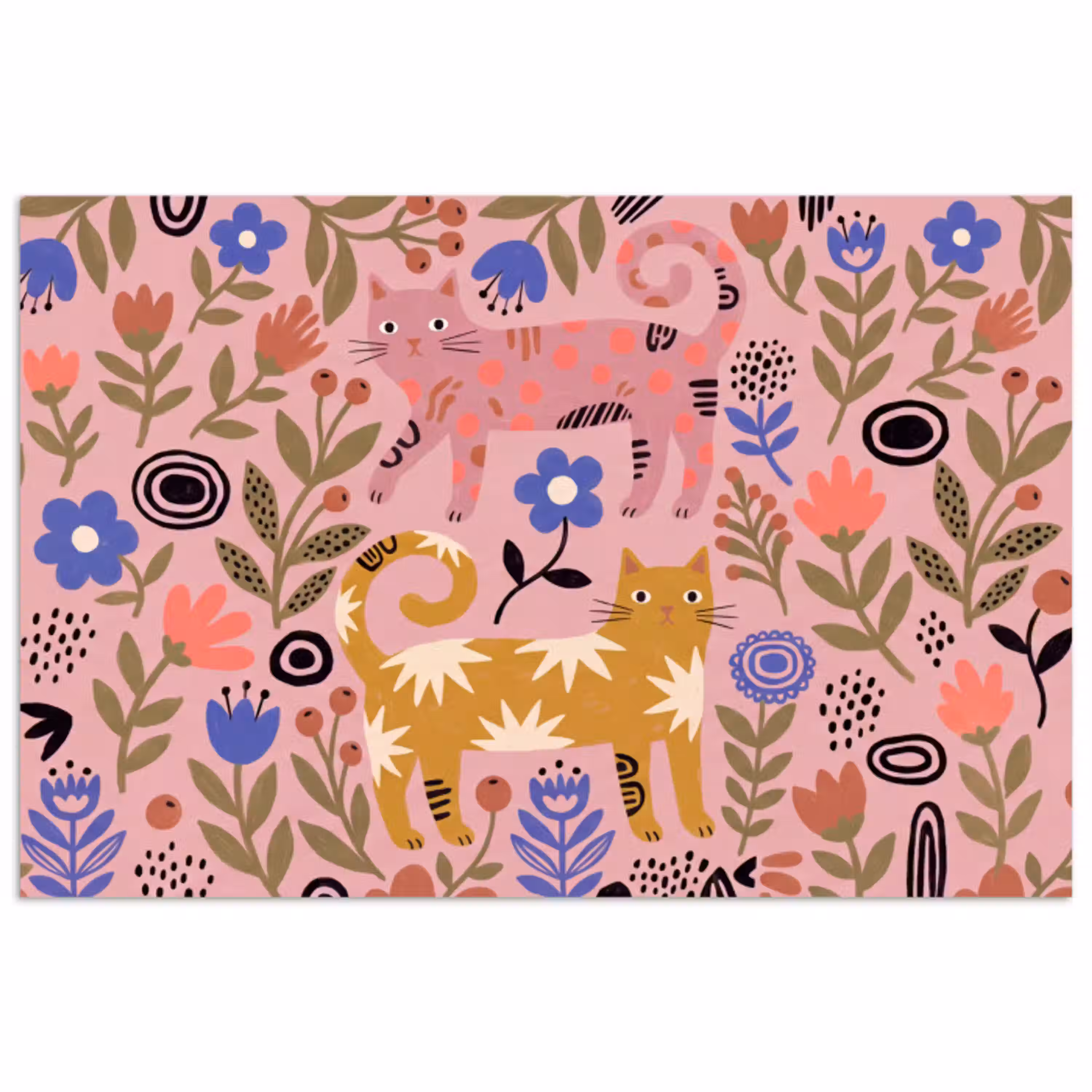 Kat - Bloemen - Dieren - Modern - Roze poster papier klein -3d