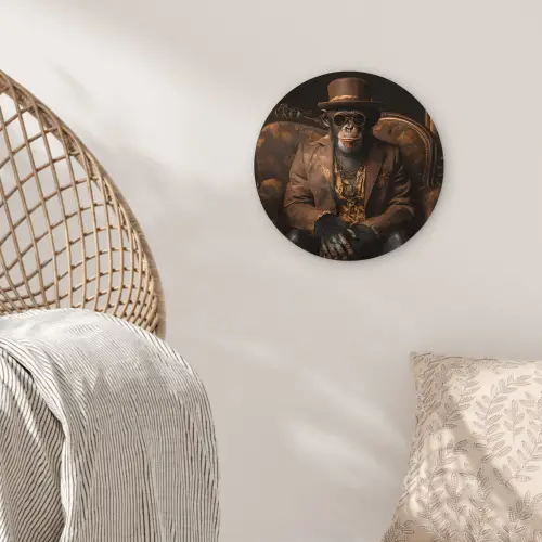 Chimpansee - Stoel - Pak - Bruin Wandcirkel kunststof plaat 5mm dik klein -sfeer5