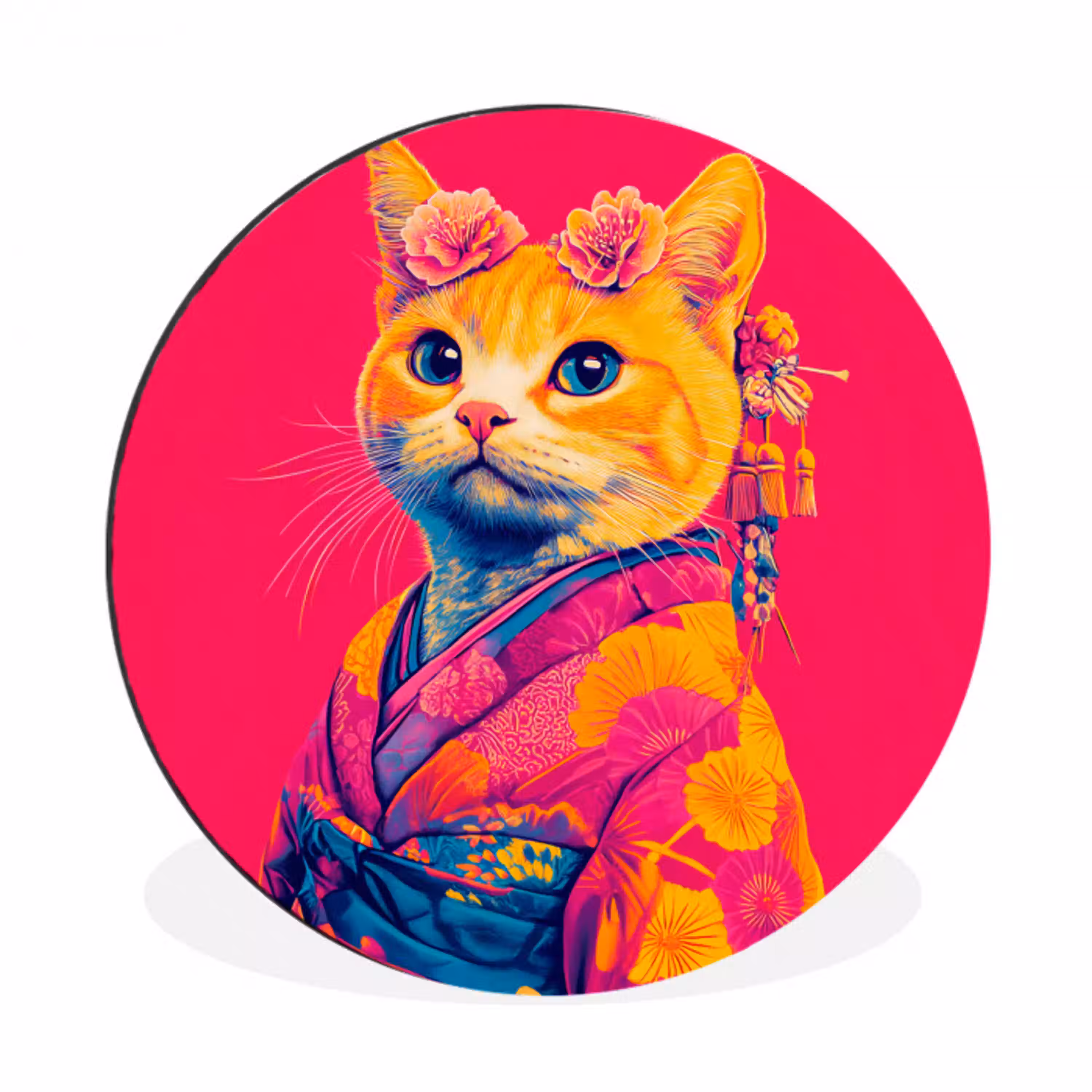 Kat - Kimono - Bloemen - Roze Wandcirkel aluminium klein -3d