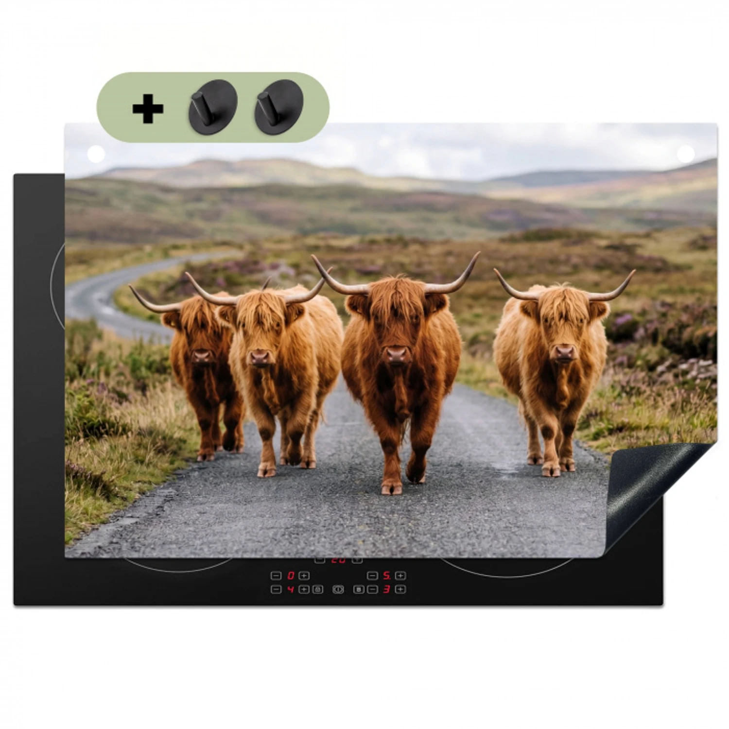Schotse Hooglanders - Weg - Landschap - Kudde Inductie beschemer met haakjes klein -3d