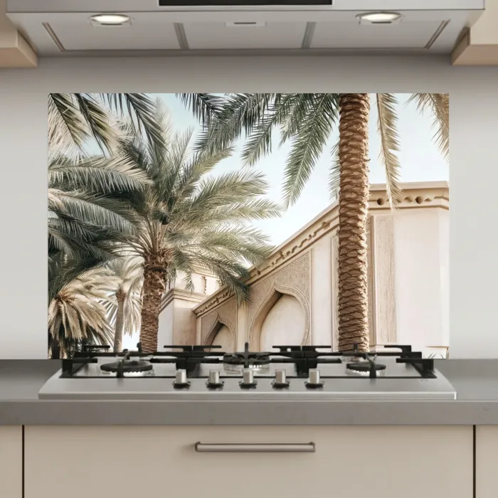 Gebouw - Palmbomen - Beige - Zon keuken achterwand spatscherm klein -3d_website