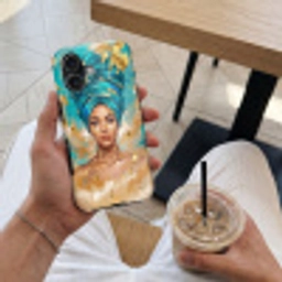 Portret - Vrouw - Schilderij - Blauw - Goud - Expressief Toughcase MagSafe Apple iPhone 17 klein -Sfeer1M
