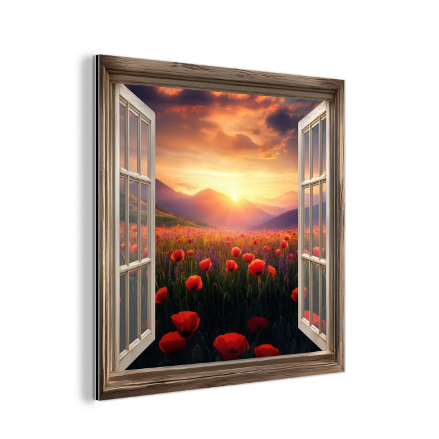 Doorkijk - Klaprozen - Bloemen - Rood - Open raam aluminium wit klein -3d