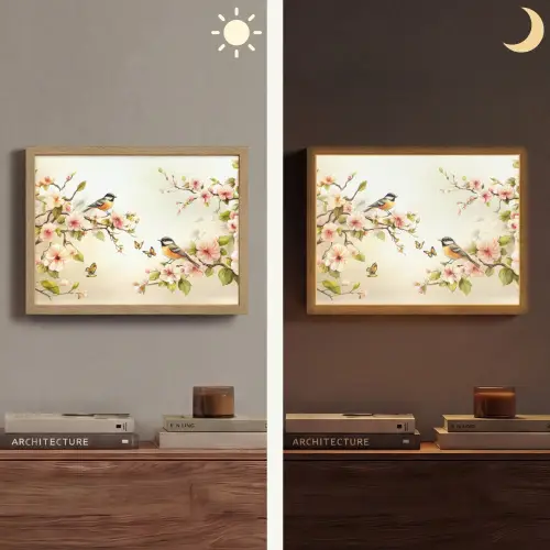 Takken - Bloemen - Vogeltjes - Roze Light Box met batterij (Wandlamp) middel -sfeer3