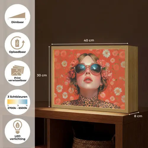 Vrouw - Kleurrijk - Dierenprint - Bloemen Light Box met batterij (Wandlamp) middel -USP_websiteoverzichtNL