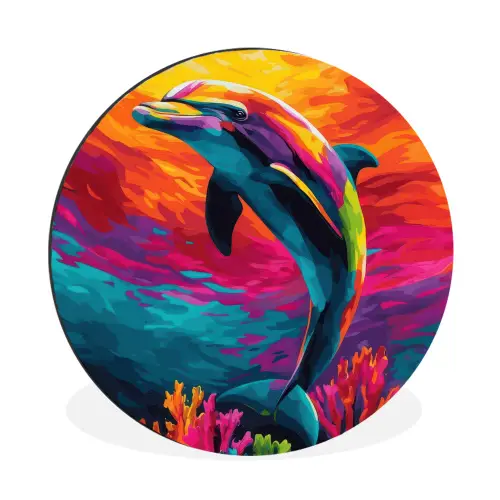 Dolfijn - Kleurrijk - Oceaan - Koraal Wandcirkel aluminium klein -3d