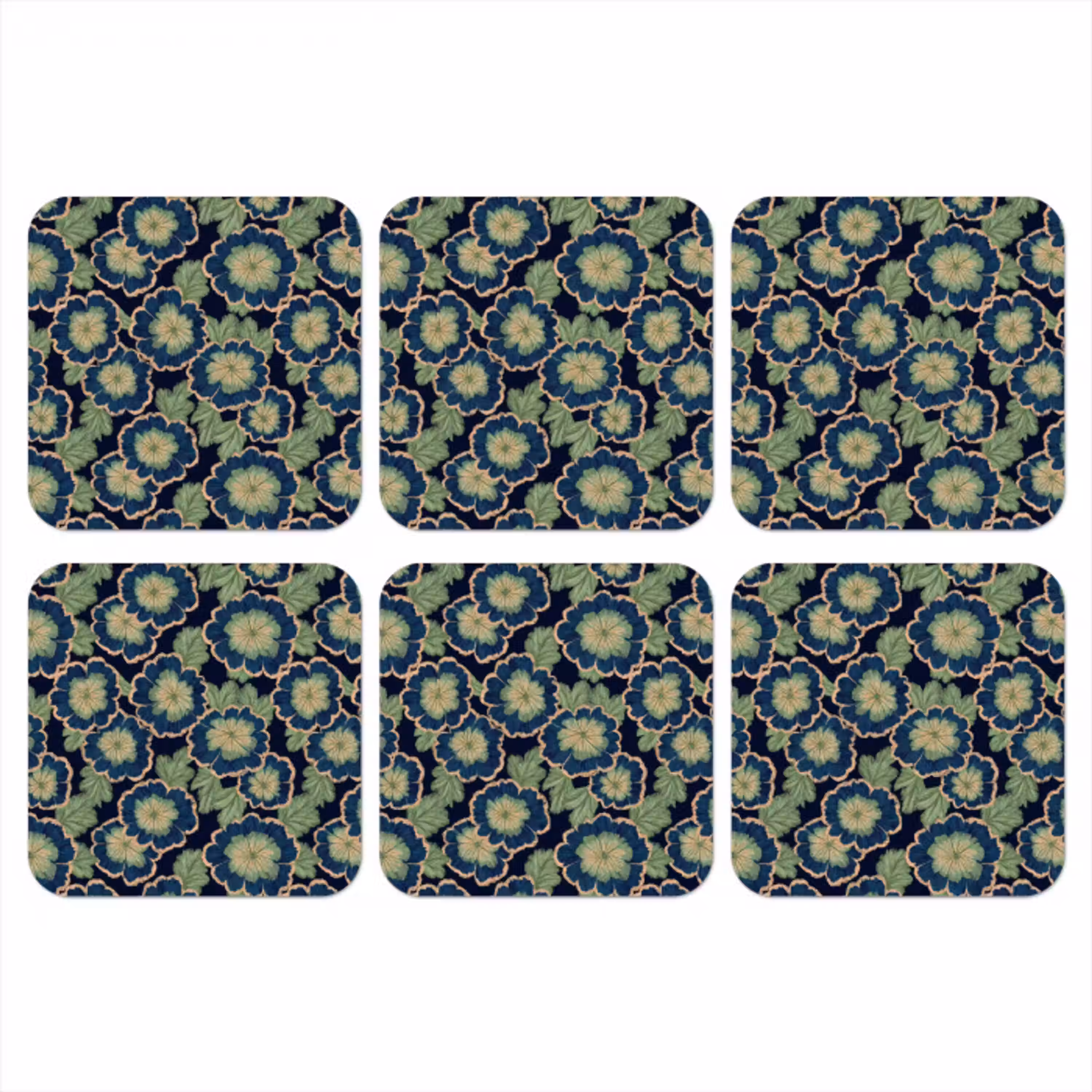 Bloemen - Borduurwerk - Patroon - Blauw - Groen onderzetter kurk middel 366 -3d