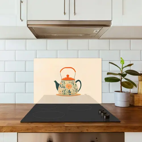 Oranje - Theepot - Bloemen - Bladeren keuken achterwand spatscherm klein -sfeer2
