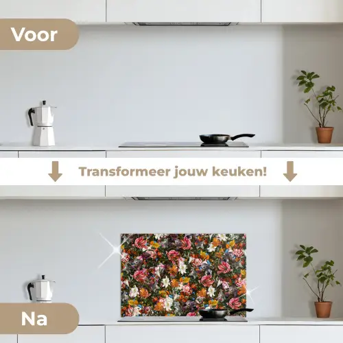 Bloemen - Vlinder - Design - Kunst - Abstract - Schilderij - Oude meesters keuken achterwand spatscherm klein -voor_na_NL
