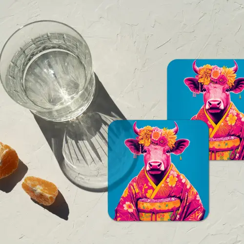 Koe - Bloemenkrans - Oorhangers - Kimono onderzetter kurk middel -sfeer4