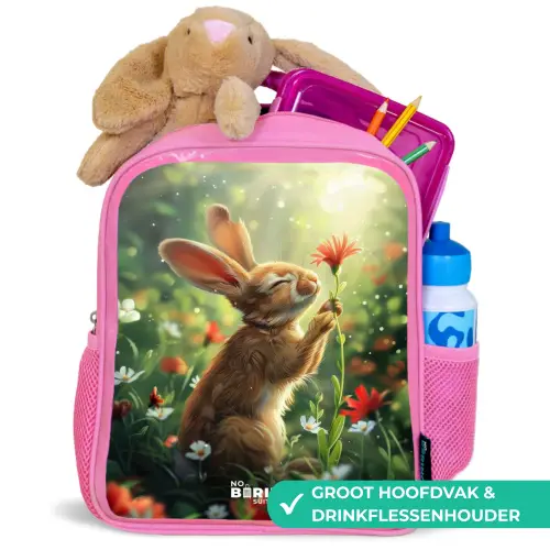 Zijnaanzicht van een konijn met rode bloem Kinderrugzak - Roze middel -inhoud_NL