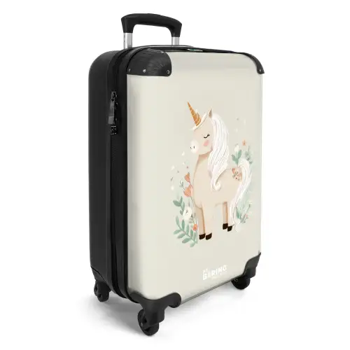 Eenhoorn tussen bloemen in beige kleuren NBS - Handbagage koffer - Volwassenen Unisex middel -productfoto_3d