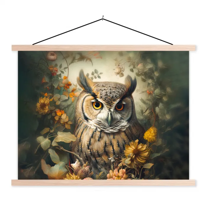 Uil - Vogels - Bloemen - Natuur textielposter latten blank klein -3d