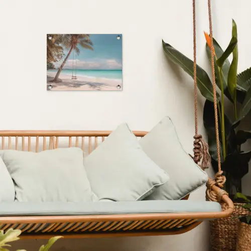 Palmboom - Schommel - Strand - Lucht tuinposter los doek klein -sfeer7