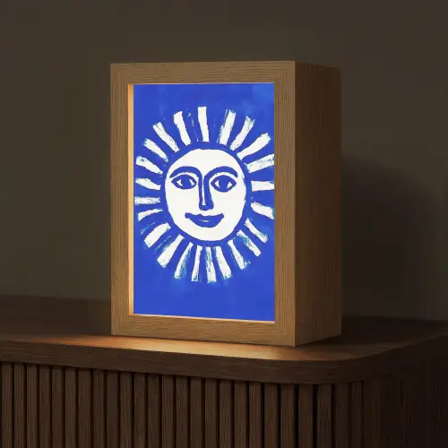 Zon - Gezicht - Penseelstructuur - Blauw Light Box met kabel (Tafellamp) klein -z3d_website