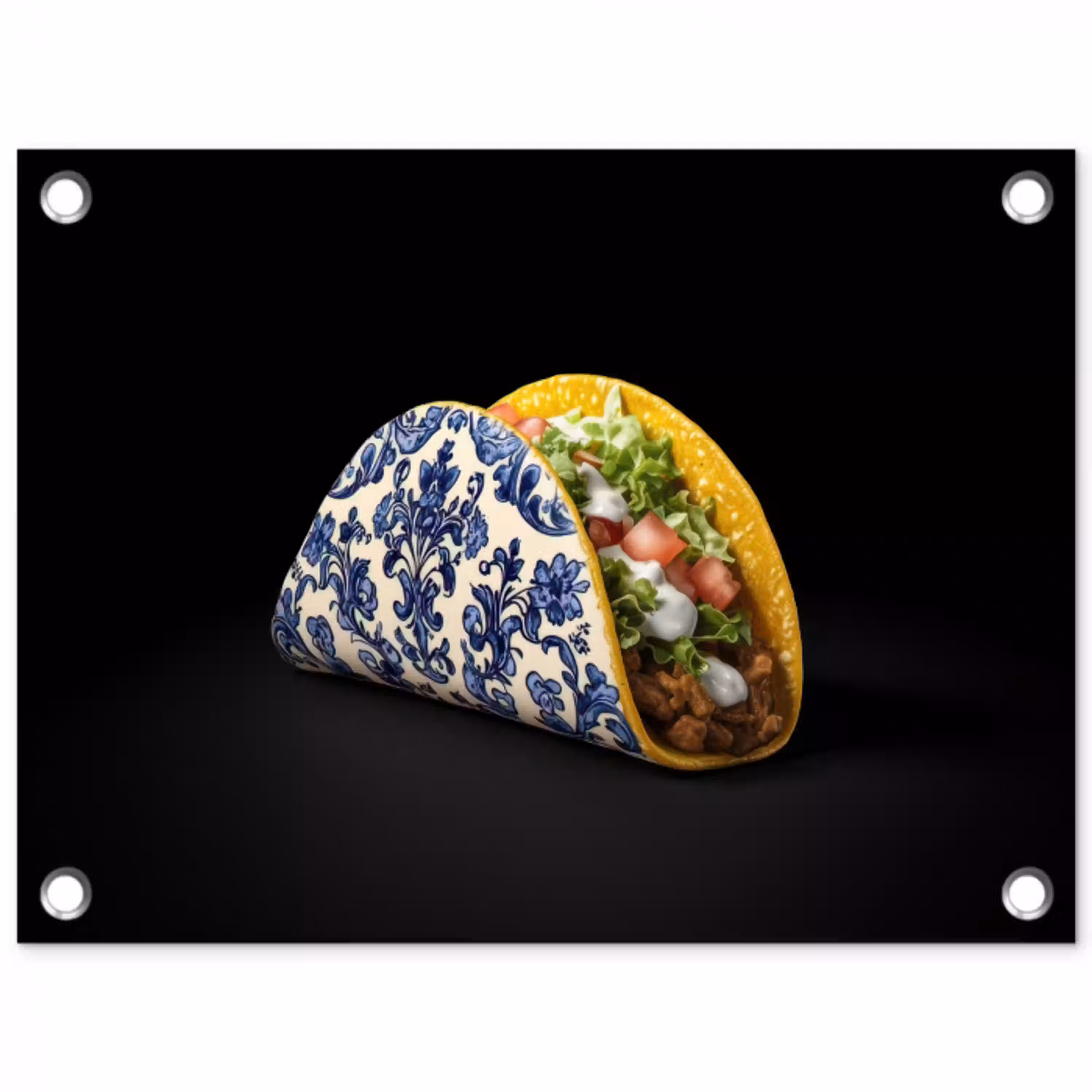 Taco - Vlees - Salade - Delftsblauw - Motief tuinposter los doek klein -3d