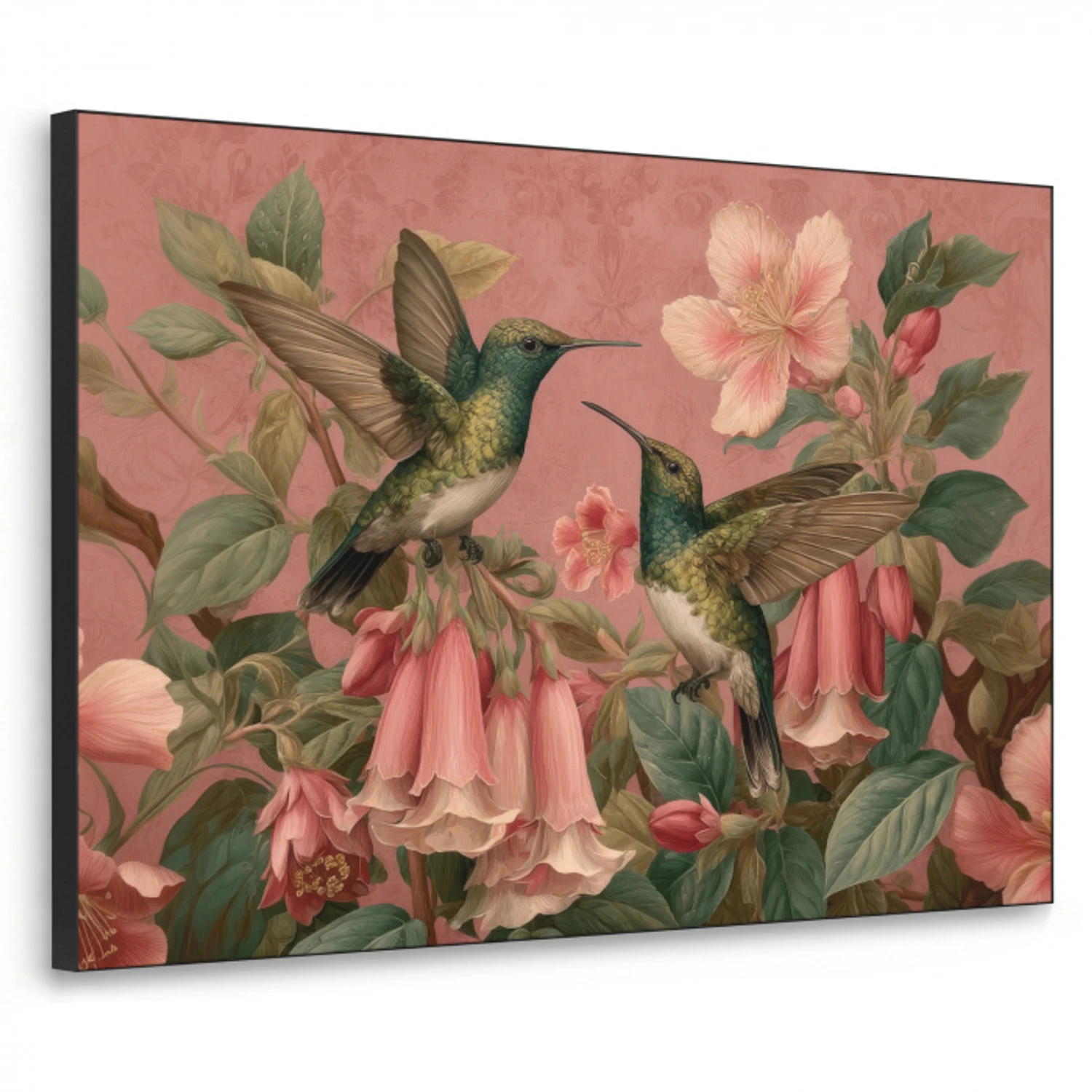 Kolibries - Bloemen - Groen - Roze Textielframe - compleet frame klein -3d