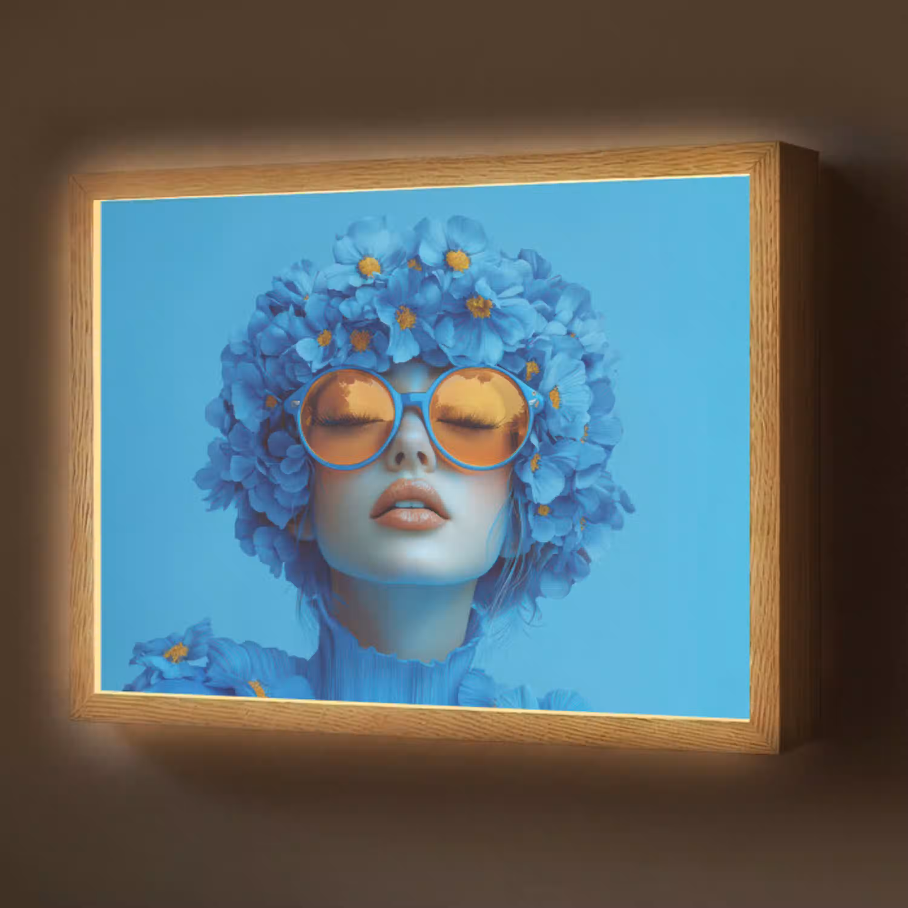 Vrouw - Bloem - Blauw - Modern - Bril - Portret Light Box met batterij (Wandlamp) middel -z3d_website