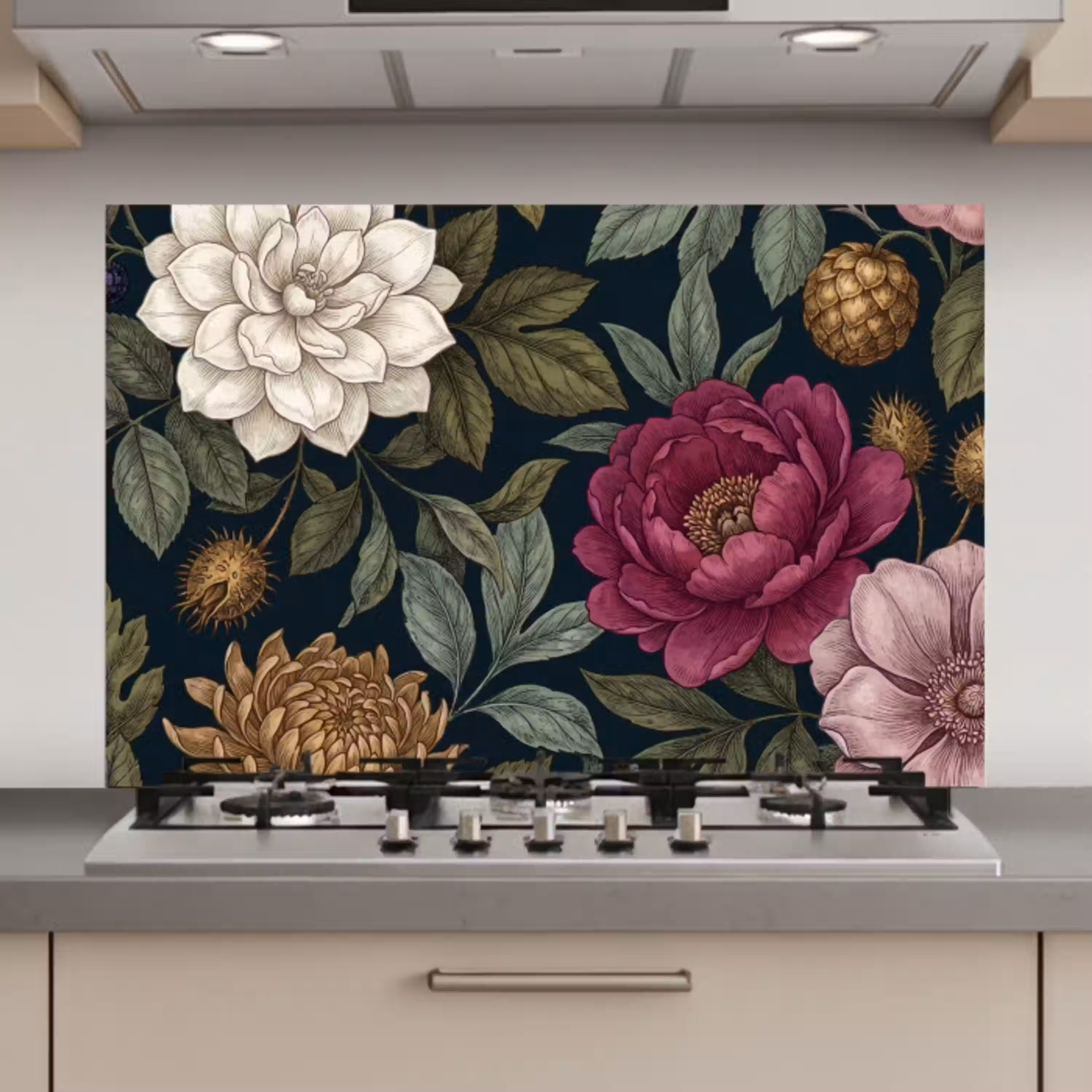 Bloemen - Botanisch - Illustratie - Donker - Vintage keuken achterwand spatscherm klein -3d_website