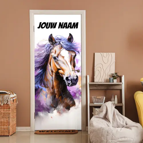Paard met kleurrijke manen en naamtekst deurposter klein -sfeer1