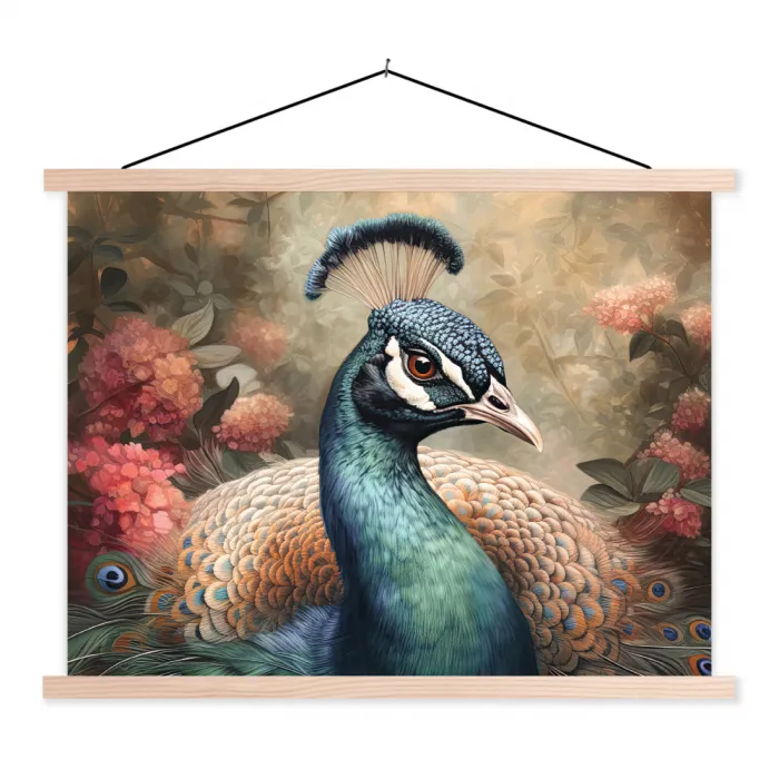 Pauw - Vogel - Bloemen - Planten - Pauwenveren textielposter latten blank klein -3d