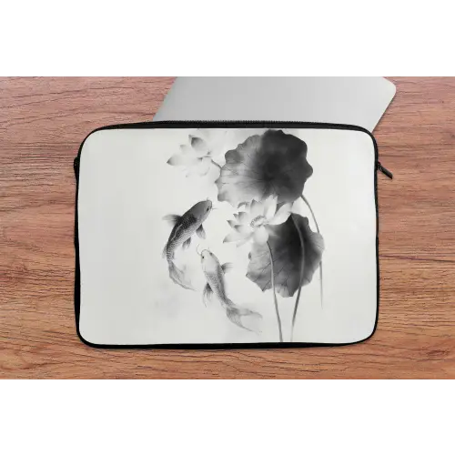 Lotusbloemen - Vissen - Bladeren - Zwart laptophoes neopreen klein -tafel