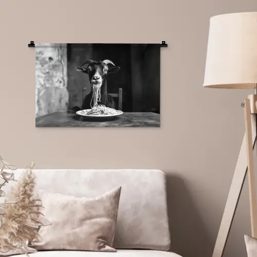 Geit - Bord - Spaghetti - Zwart Wit Wandkleed katoen klein -sfeer4