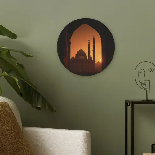 Moskee - Oranje lucht - Islamitisch Akoestische PET Vilt - Rond klein -sfeer2