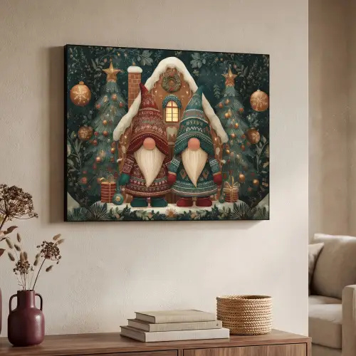 Kerst - Gnomen - Peperkoekhuisje - Rood - Groen Textielframe zwart klein -sfeer3