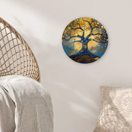 Boom - Levensboom - Blauw - Goud Wandcirkel kunststof plaat 5mm dik klein -sfeer5