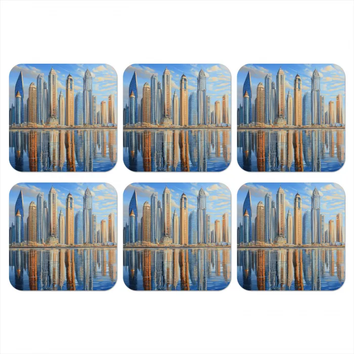 Skyline - Wolkenkrabbers - Water - Blauw onderzetter kurk middel -3d